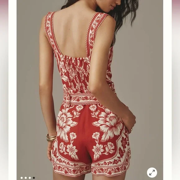 NWT Farm Rio Linen Blend Belted Romper – Red Floral (XXS)Anthropologie